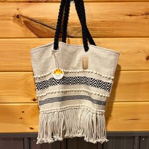 C & C  California-Cream and Black Patterned Tote with Fringe